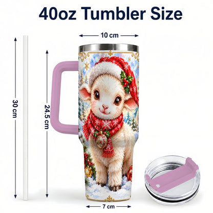 #pl[40oz|Pink] Christmas Lamb 40oz Tumbler with Handle, Festive Sheep Travel Cup