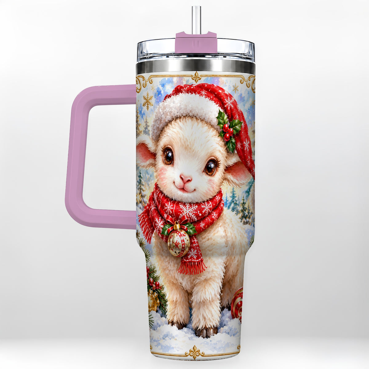#pl[40oz|Pink] Christmas Lamb 40oz Tumbler with Handle, Festive Sheep Travel Cup