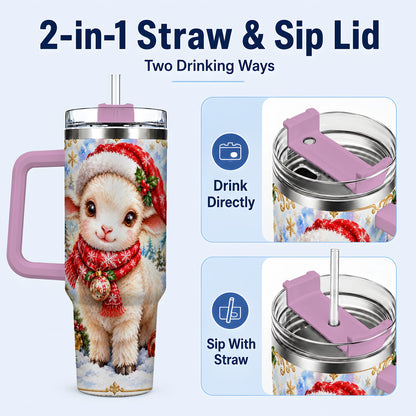 #pl[40oz|Pink] Christmas Lamb 40oz Tumbler with Handle, Festive Sheep Travel Cup