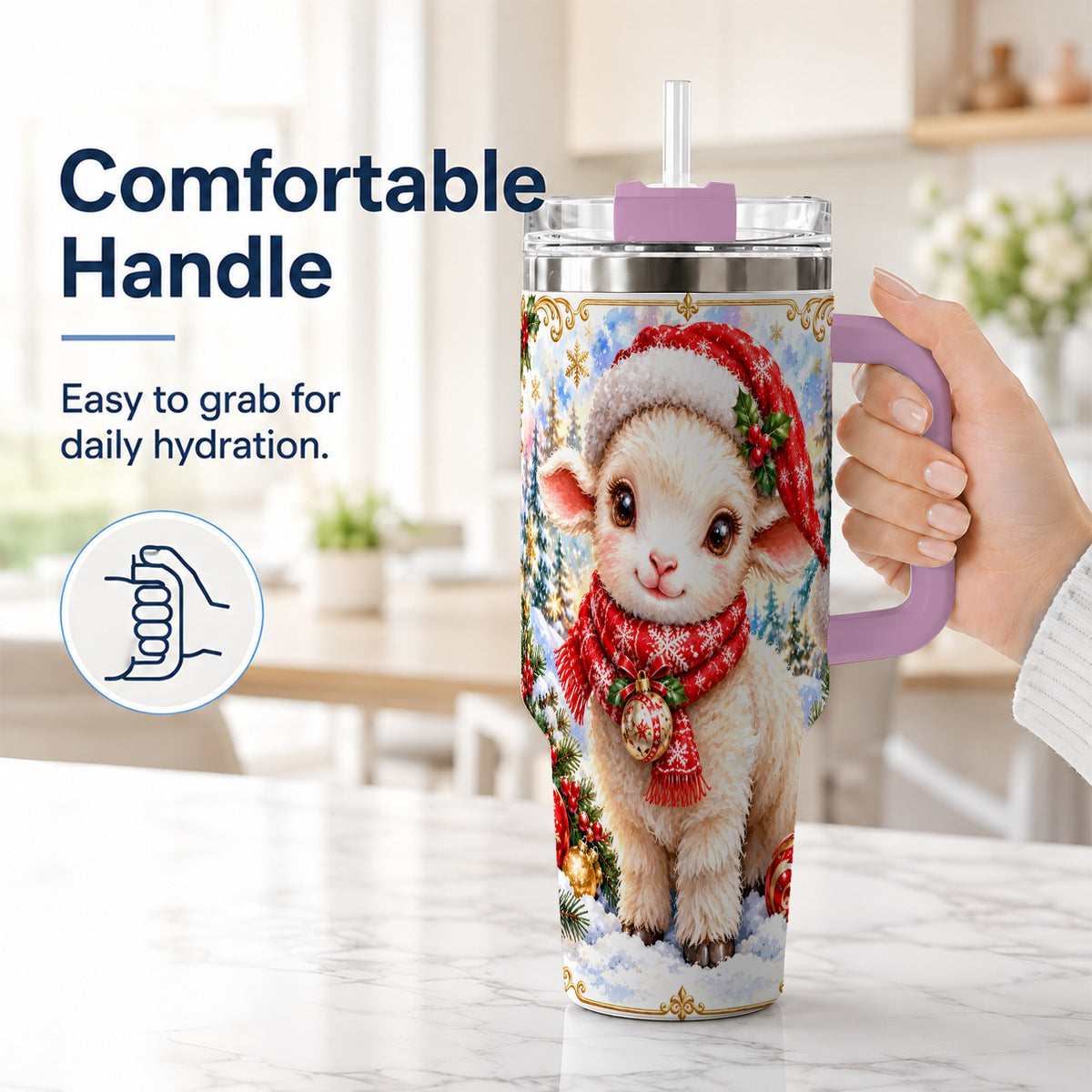 #pl[40oz|Pink] Christmas Lamb 40oz Tumbler with Handle, Festive Sheep Travel Cup