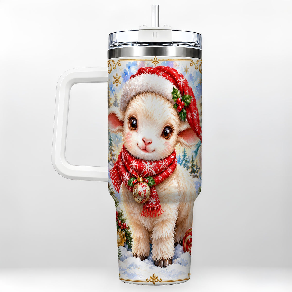 Christmas Lamb 40oz Tumbler with Handle, Festive Sheep Travel Cup