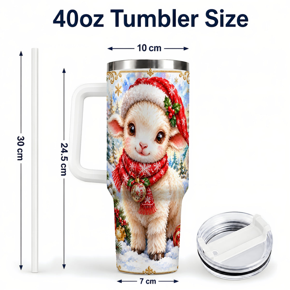 #pl[40oz|White] Christmas Lamb 40oz Tumbler with Handle, Festive Sheep Travel Cup