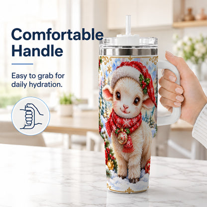 #pl[40oz|White] Christmas Lamb 40oz Tumbler with Handle, Festive Sheep Travel Cup