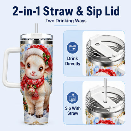 #pl[40oz|White] Christmas Lamb 40oz Tumbler with Handle, Festive Sheep Travel Cup