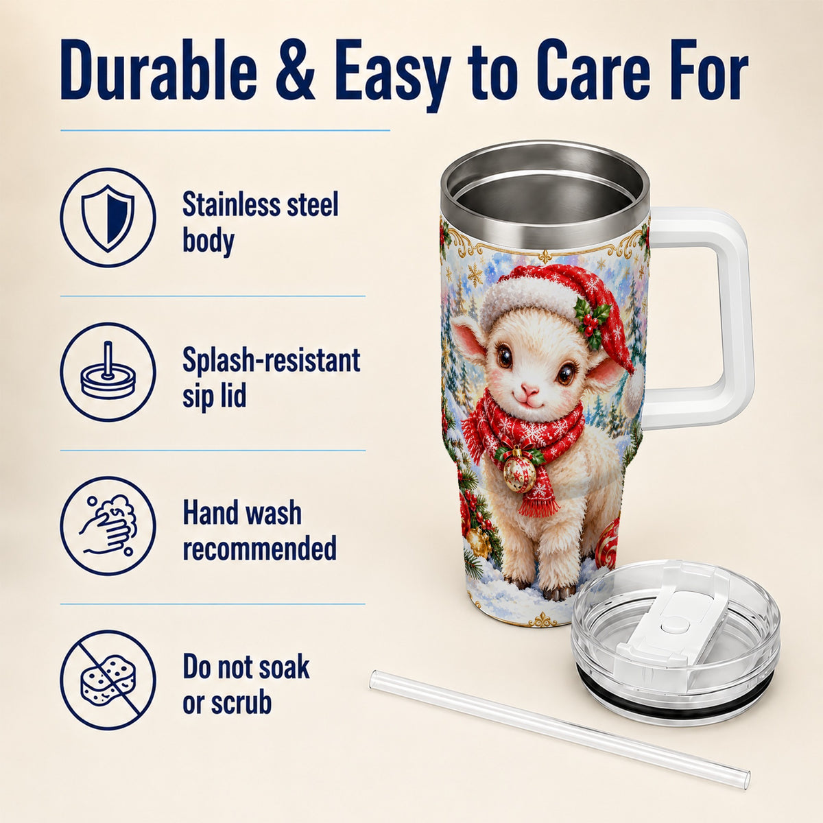 Christmas Lamb 40oz Tumbler with Handle, Festive Sheep Travel Cup