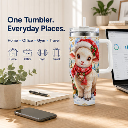 Christmas Lamb 40oz Tumbler with Handle, Festive Sheep Travel Cup