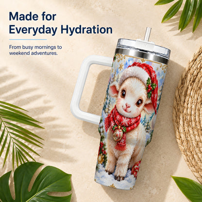Christmas Lamb 40oz Tumbler with Handle, Festive Sheep Travel Cup