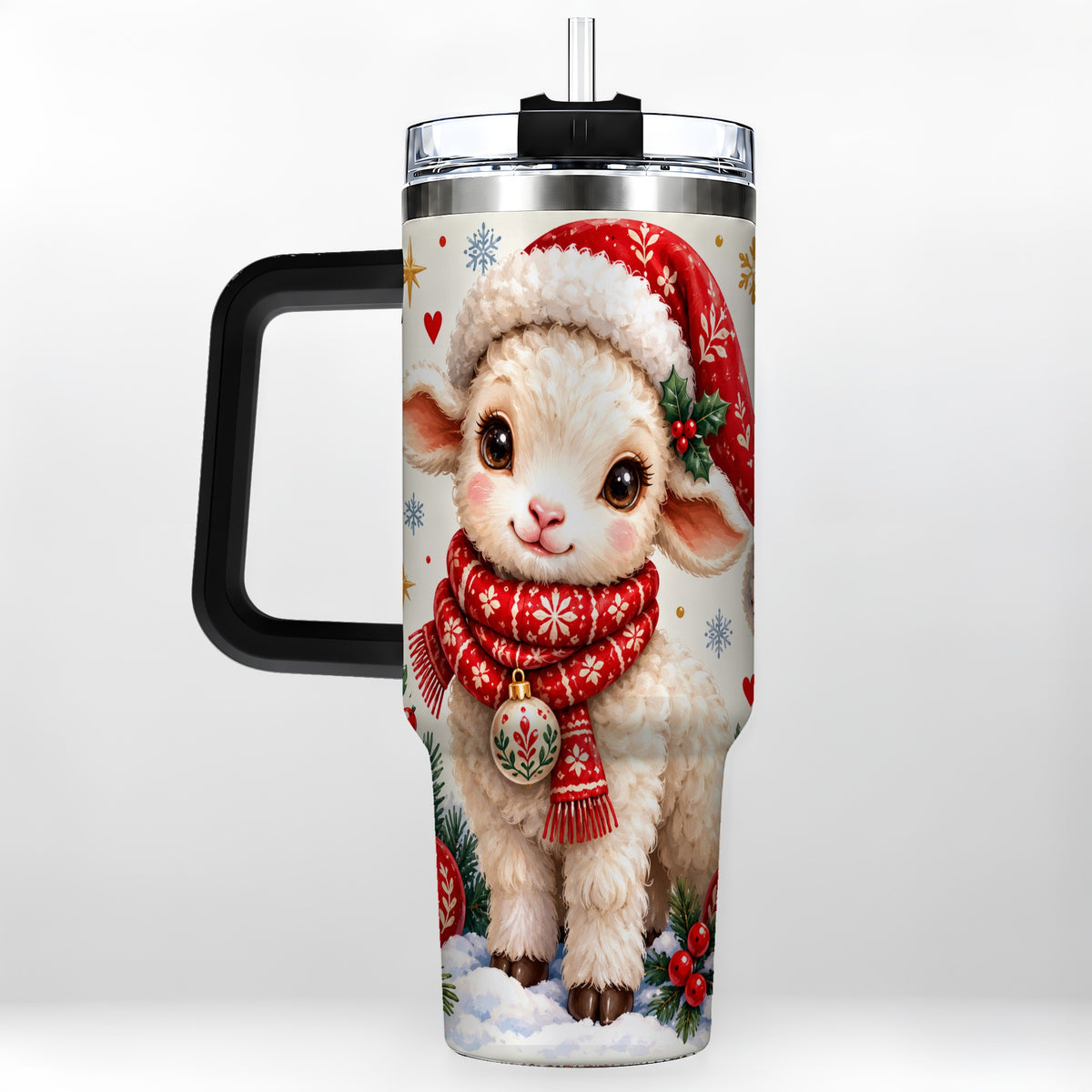 #pl[40oz|Black] Cute Christmas Sheep 40oz Tumbler with Handle, Santa Lamb Cup
