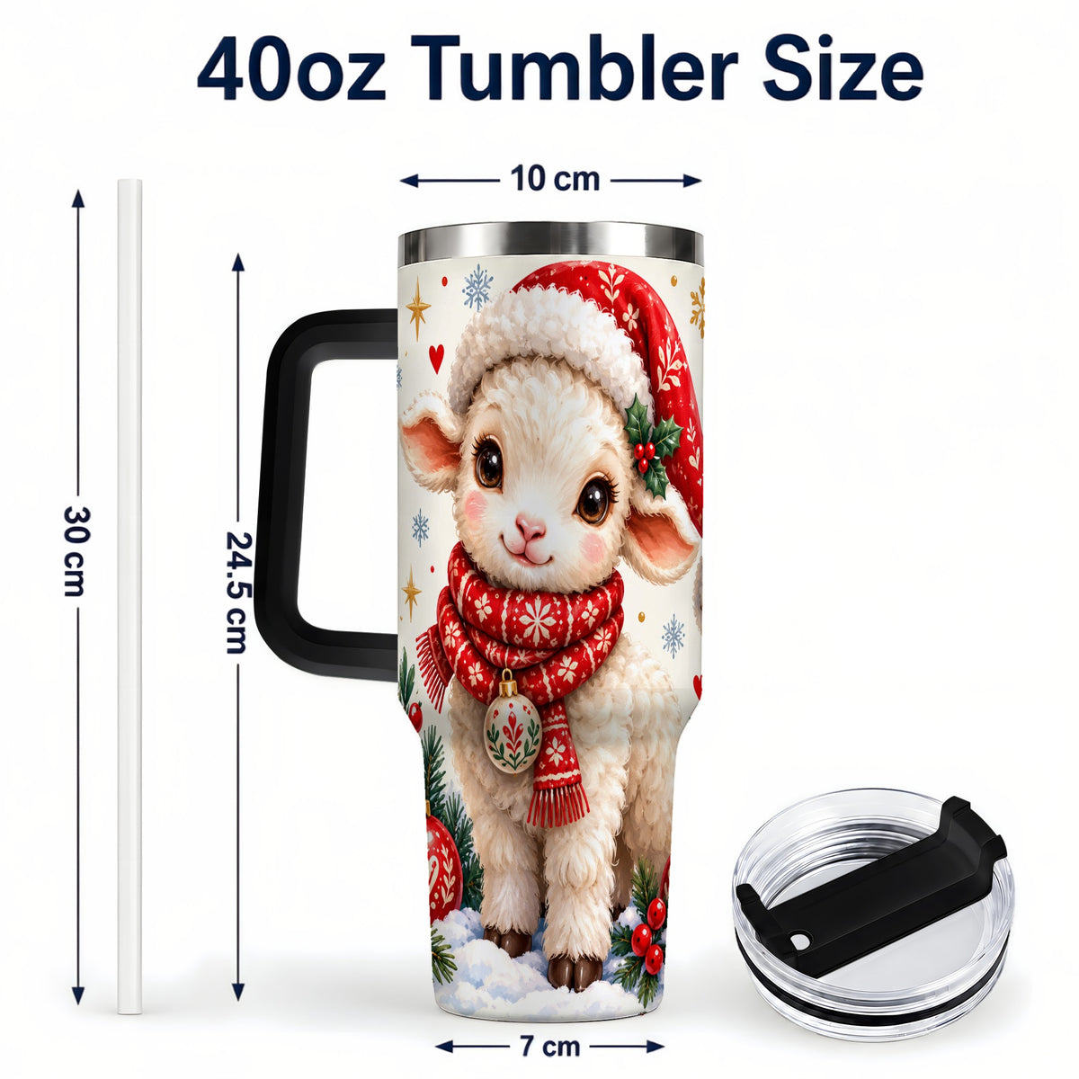 #pl[40oz|Black] Cute Christmas Sheep 40oz Tumbler with Handle, Santa Lamb Cup