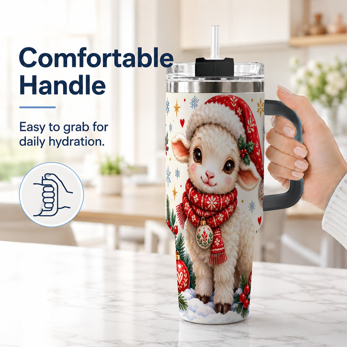 #pl[40oz|Black] Cute Christmas Sheep 40oz Tumbler with Handle, Santa Lamb Cup