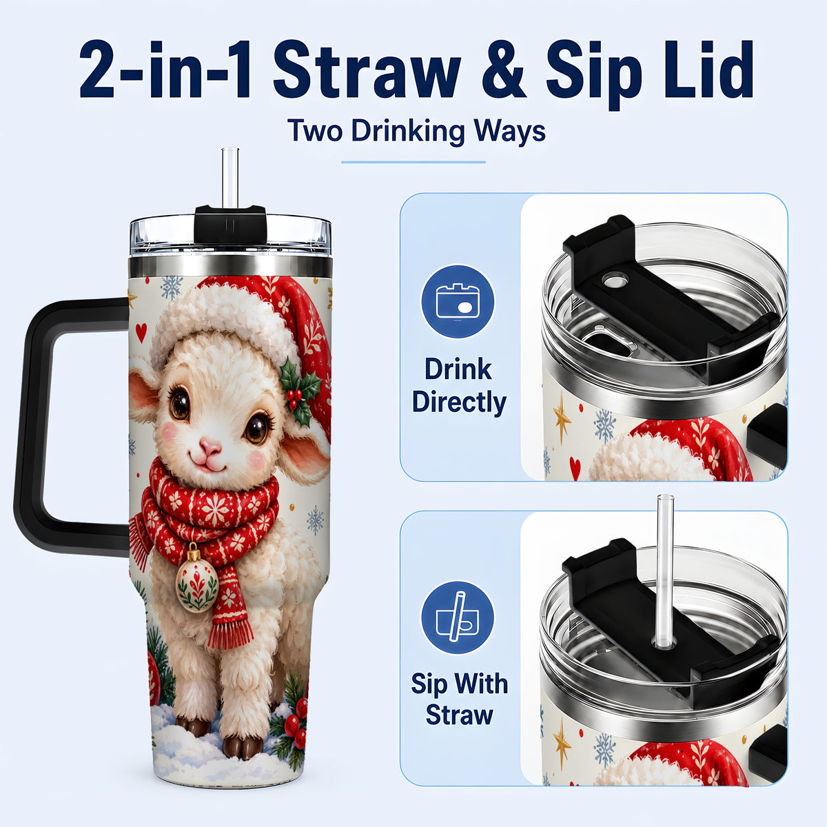#pl[40oz|Black] Cute Christmas Sheep 40oz Tumbler with Handle, Santa Lamb Cup