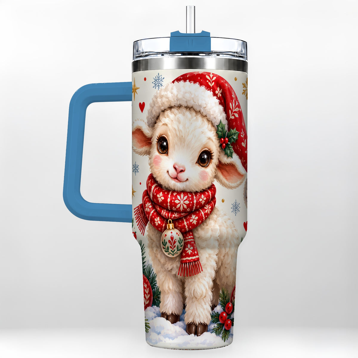 #pl[40oz|Blue] Cute Christmas Sheep 40oz Tumbler with Handle, Santa Lamb Cup
