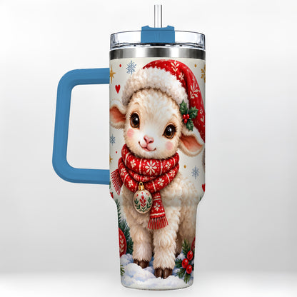 #pl[40oz|Blue] Cute Christmas Sheep 40oz Tumbler with Handle, Santa Lamb Cup
