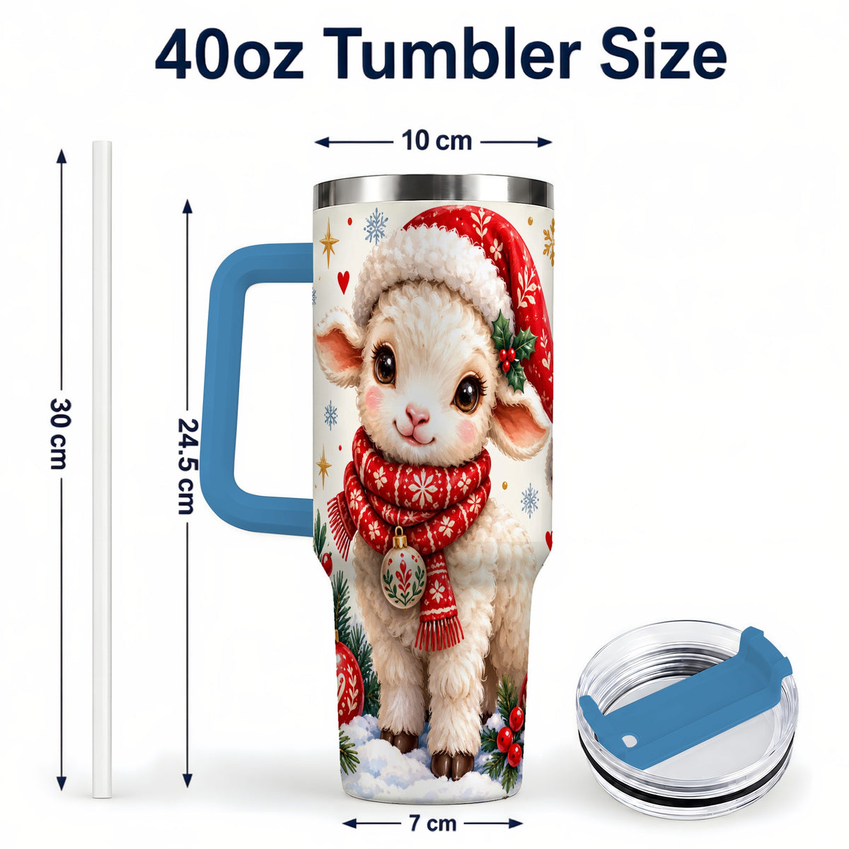 #pl[40oz|Blue] Cute Christmas Sheep 40oz Tumbler with Handle, Santa Lamb Cup