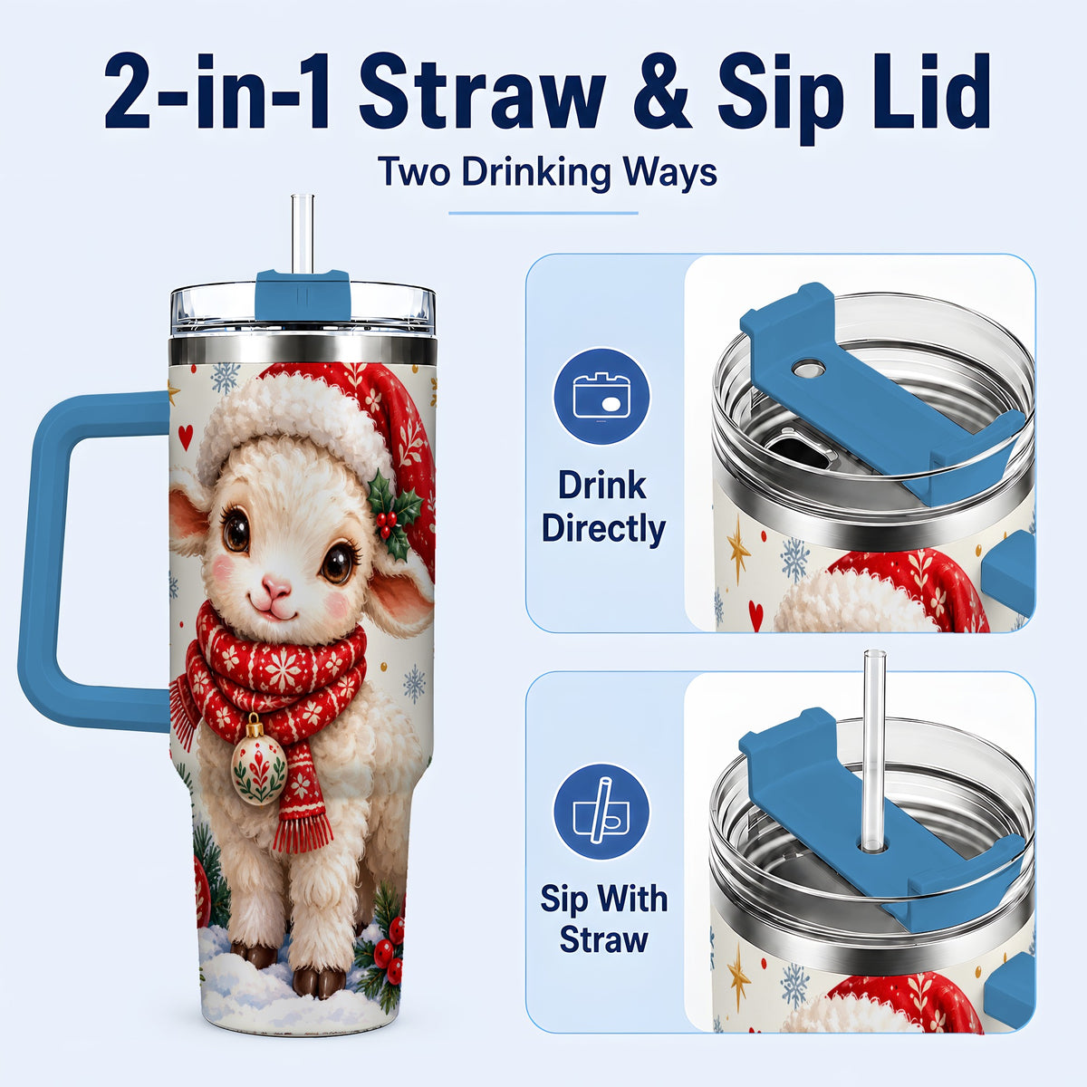 #pl[40oz|Blue] Cute Christmas Sheep 40oz Tumbler with Handle, Santa Lamb Cup