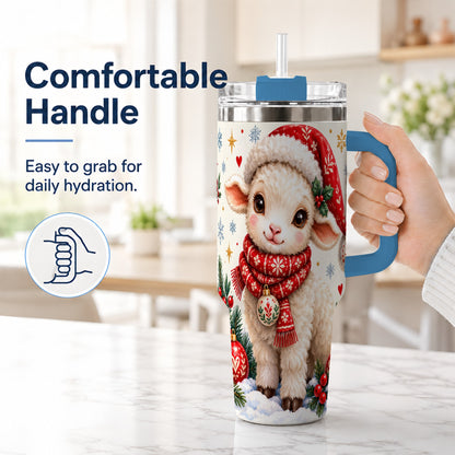 #pl[40oz|Blue] Cute Christmas Sheep 40oz Tumbler with Handle, Santa Lamb Cup