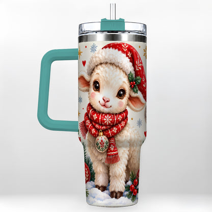 #pl[40oz|Green] Cute Christmas Sheep 40oz Tumbler with Handle, Santa Lamb Cup