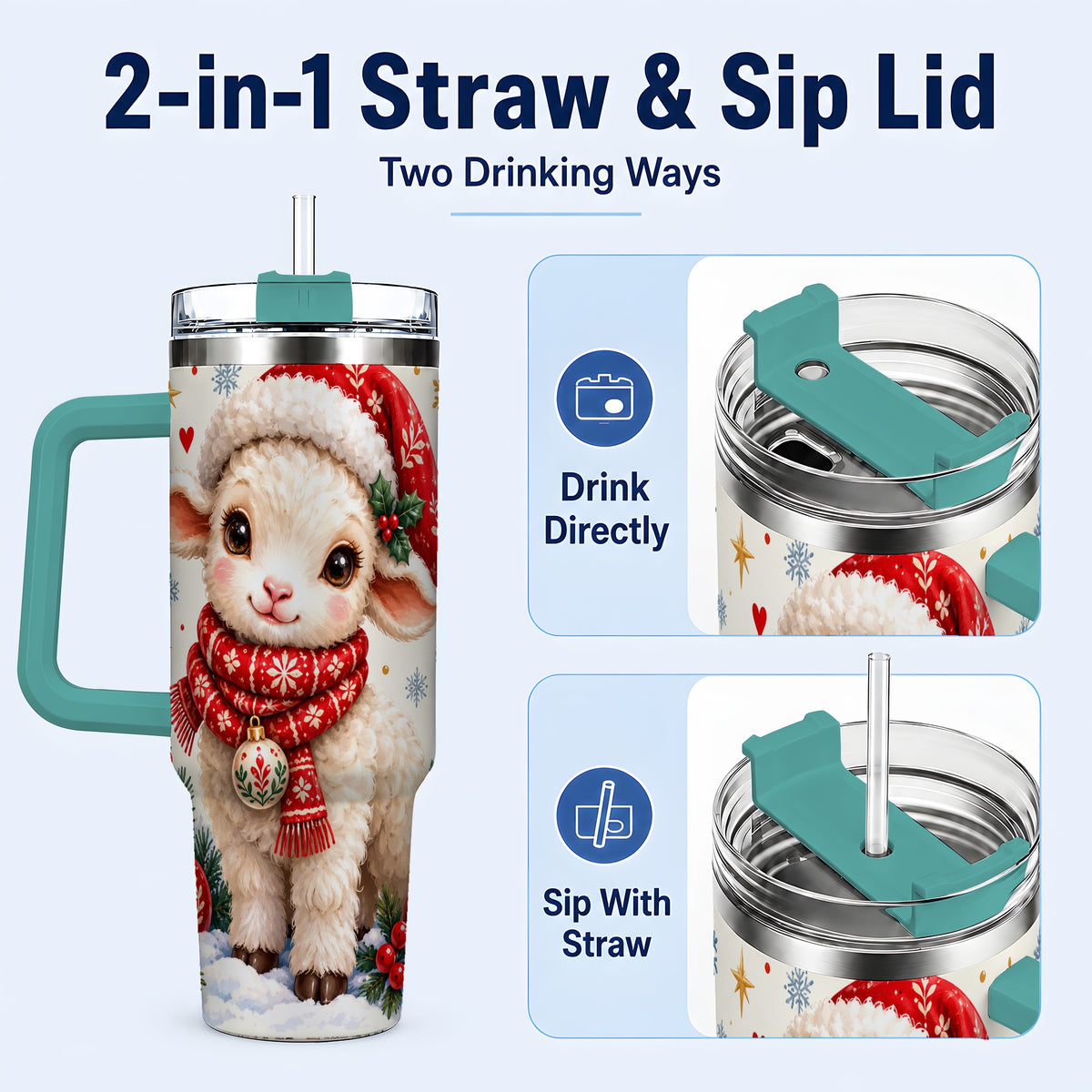 #pl[40oz|Green] Cute Christmas Sheep 40oz Tumbler with Handle, Santa Lamb Cup