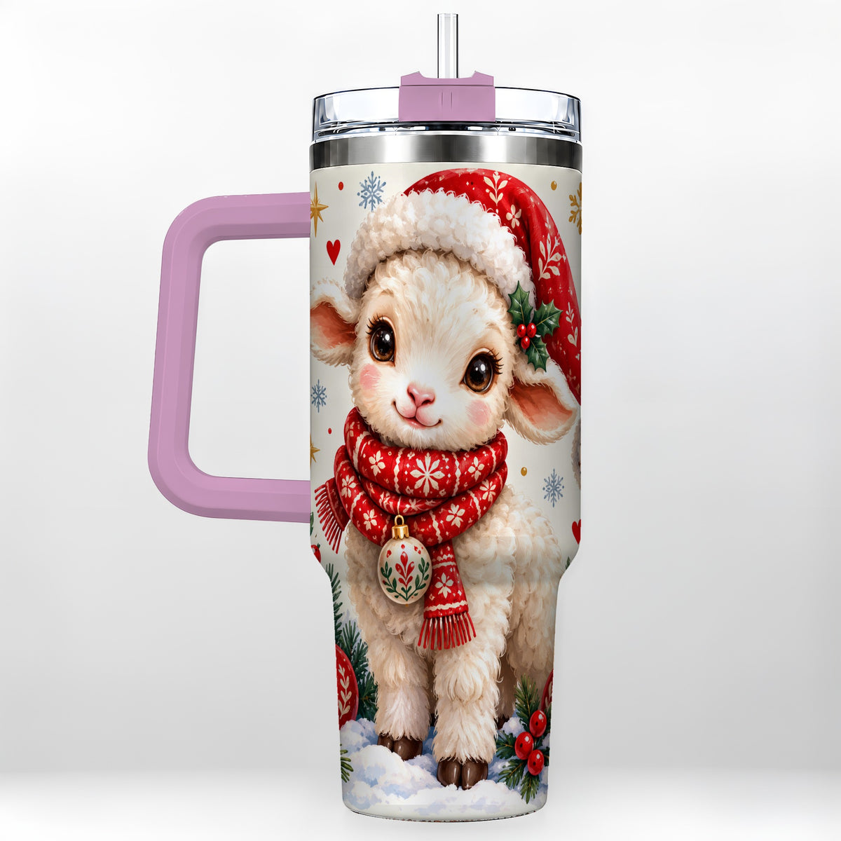 #pl[40oz|Pink] Cute Christmas Sheep 40oz Tumbler with Handle, Santa Lamb Cup
