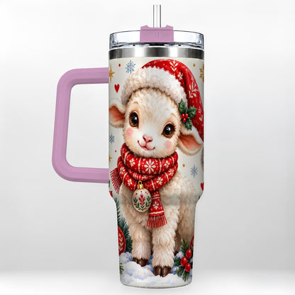 #pl[40oz|Pink] Cute Christmas Sheep 40oz Tumbler with Handle, Santa Lamb Cup
