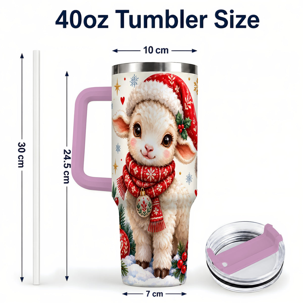 #pl[40oz|Pink] Cute Christmas Sheep 40oz Tumbler with Handle, Santa Lamb Cup