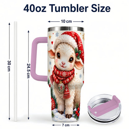 #pl[40oz|Pink] Cute Christmas Sheep 40oz Tumbler with Handle, Santa Lamb Cup