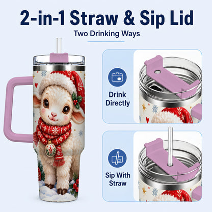 #pl[40oz|Pink] Cute Christmas Sheep 40oz Tumbler with Handle, Santa Lamb Cup