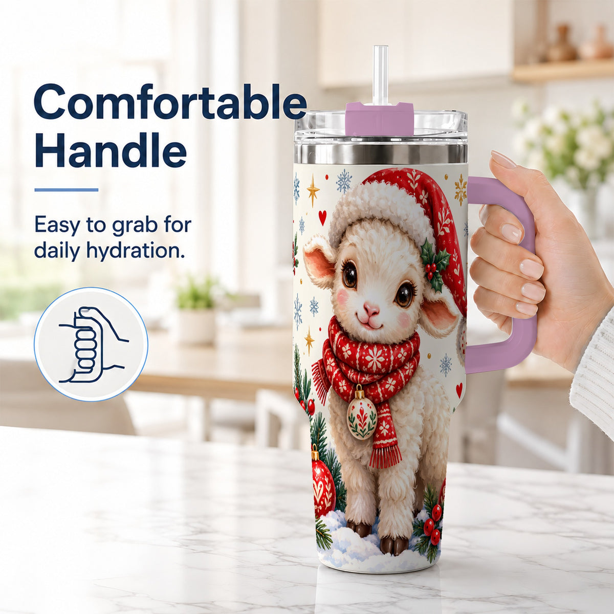 #pl[40oz|Pink] Cute Christmas Sheep 40oz Tumbler with Handle, Santa Lamb Cup