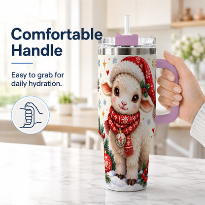 #pl[40oz|Pink] Cute Christmas Sheep 40oz Tumbler with Handle, Santa Lamb Cup