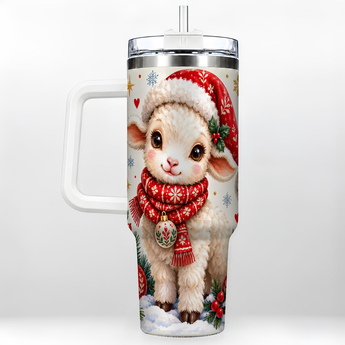 Cute Christmas Sheep 40oz Tumbler with Handle, Santa Lamb Cup