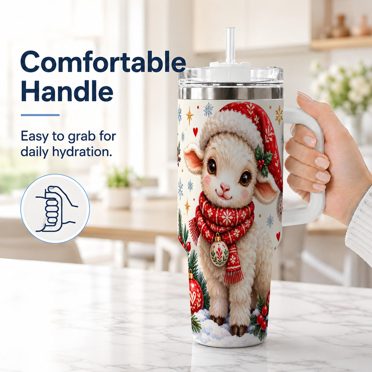 #pl[40oz|White] Cute Christmas Sheep 40oz Tumbler with Handle, Santa Lamb Cup
