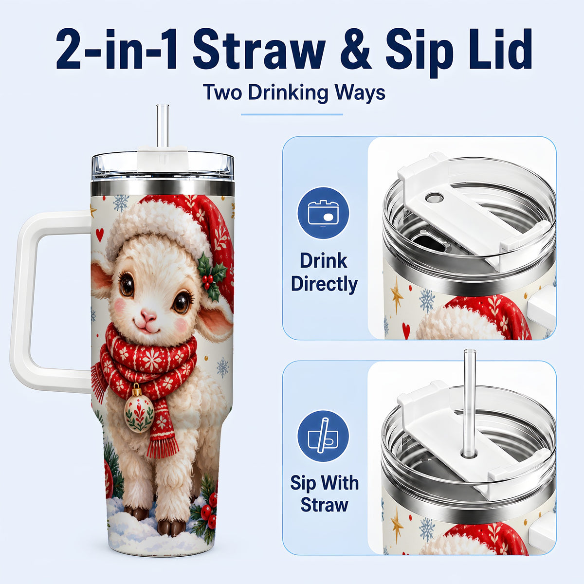 #pl[40oz|White] Cute Christmas Sheep 40oz Tumbler with Handle, Santa Lamb Cup