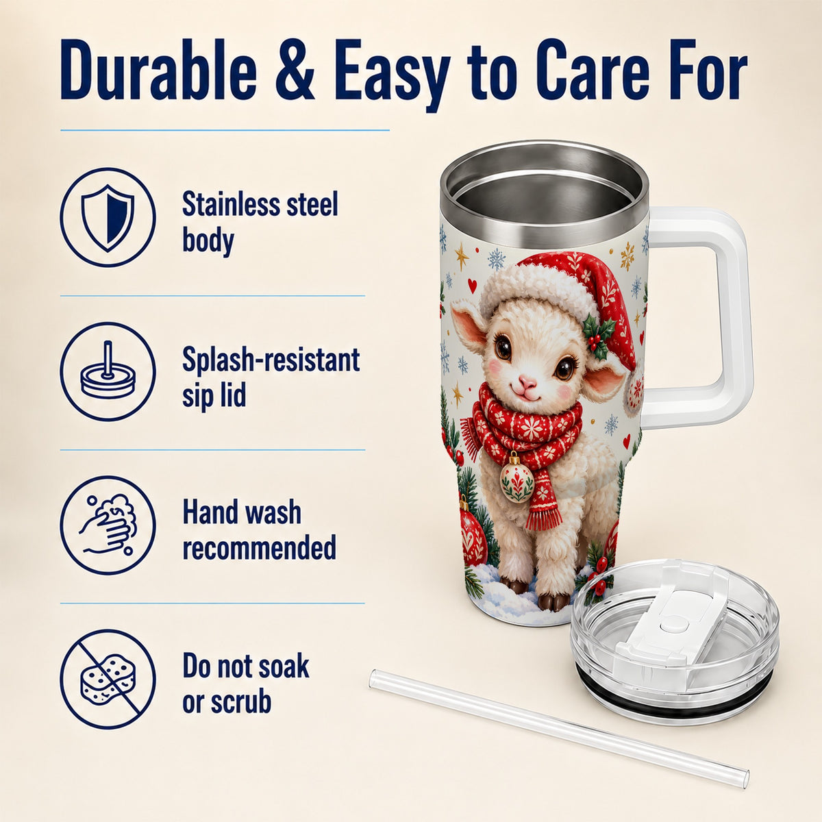 Cute Christmas Sheep 40oz Tumbler with Handle, Santa Lamb Cup