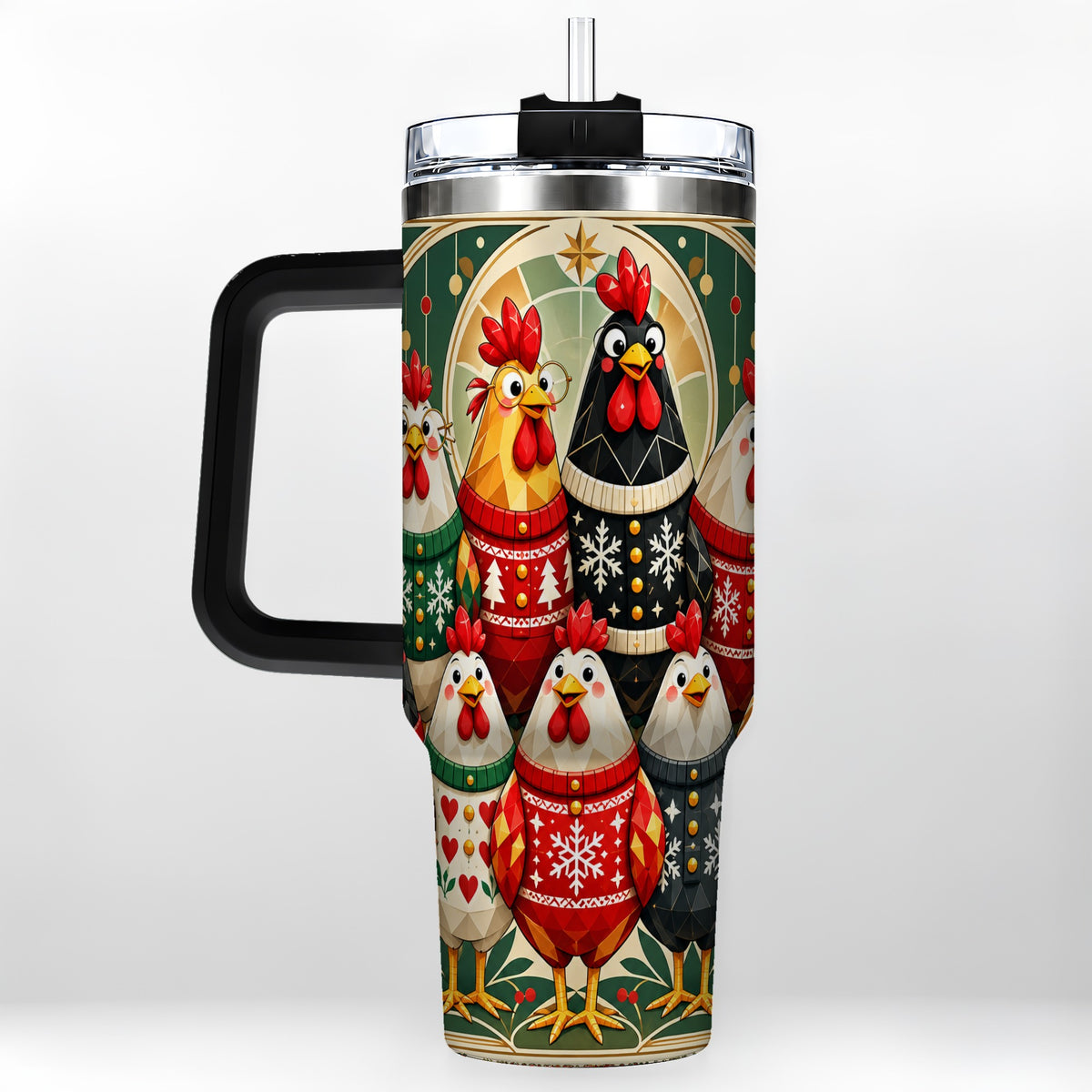 #pl[40oz|Black] Christmas Chickens 40oz Tumbler with Handle, Farmhouse Holiday Cup