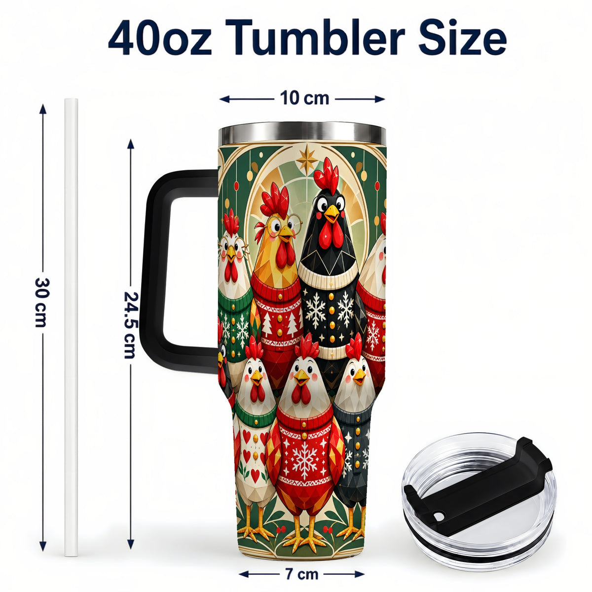 #pl[40oz|Black] Christmas Chickens 40oz Tumbler with Handle, Farmhouse Holiday Cup