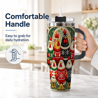 #pl[40oz|Black] Christmas Chickens 40oz Tumbler with Handle, Farmhouse Holiday Cup
