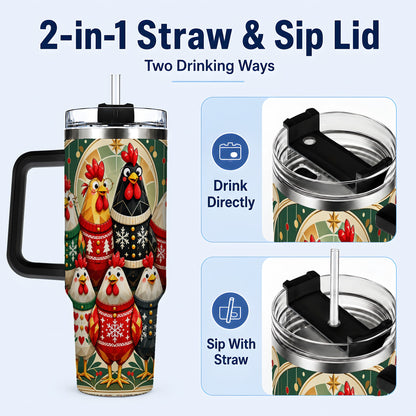 #pl[40oz|Black] Christmas Chickens 40oz Tumbler with Handle, Farmhouse Holiday Cup