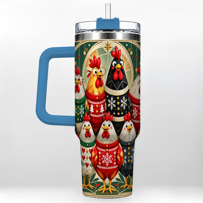 #pl[40oz|Blue] Christmas Chickens 40oz Tumbler with Handle, Farmhouse Holiday Cup