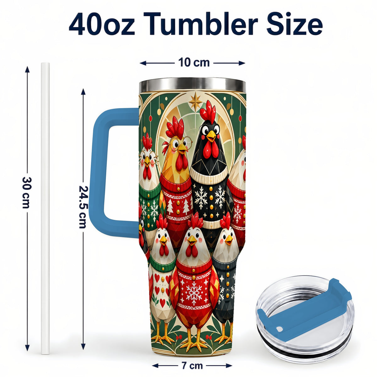 #pl[40oz|Blue] Christmas Chickens 40oz Tumbler with Handle, Farmhouse Holiday Cup
