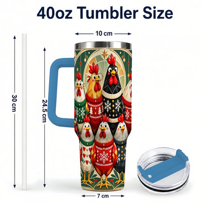 #pl[40oz|Blue] Christmas Chickens 40oz Tumbler with Handle, Farmhouse Holiday Cup