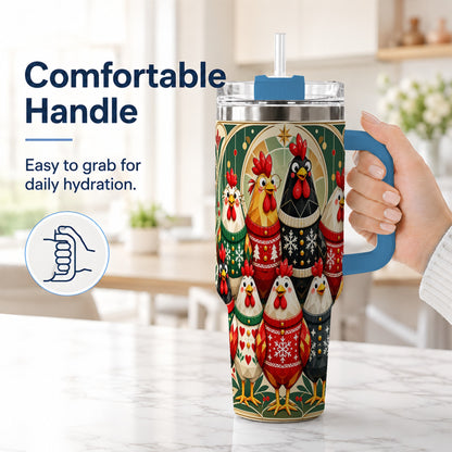 #pl[40oz|Blue] Christmas Chickens 40oz Tumbler with Handle, Farmhouse Holiday Cup
