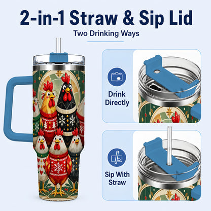 #pl[40oz|Blue] Christmas Chickens 40oz Tumbler with Handle, Farmhouse Holiday Cup