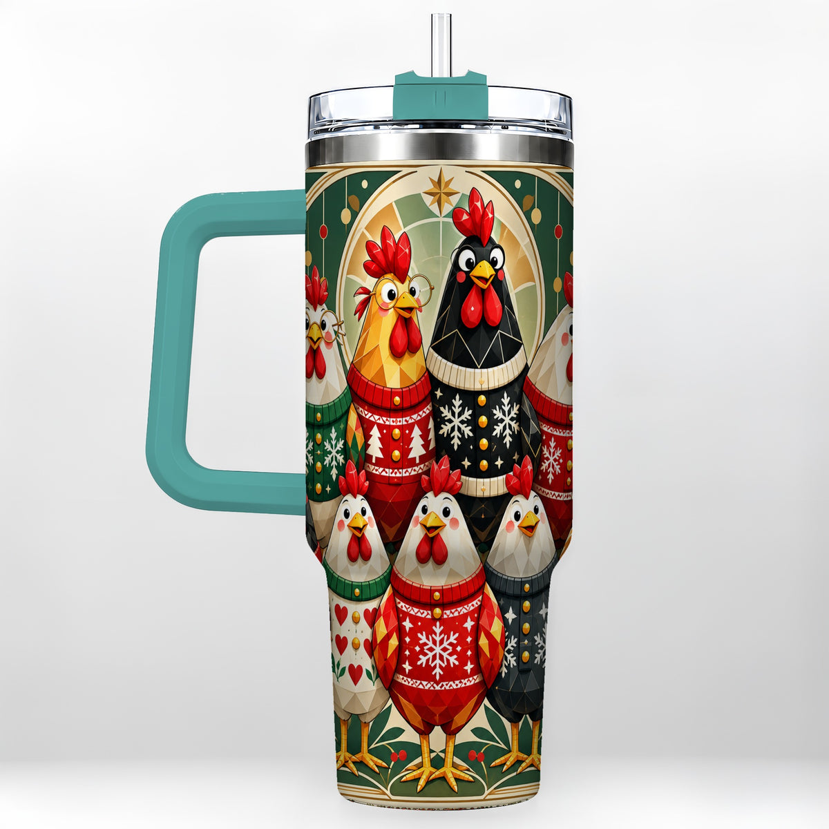 #pl[40oz|Green] Christmas Chickens 40oz Tumbler with Handle, Farmhouse Holiday Cup