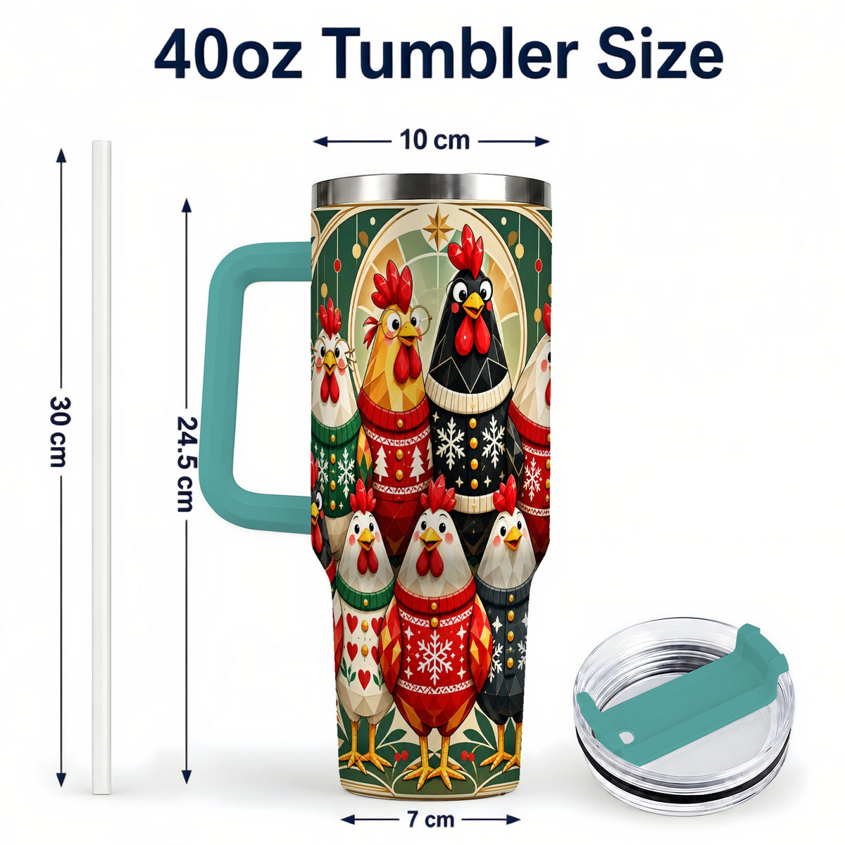 #pl[40oz|Green] Christmas Chickens 40oz Tumbler with Handle, Farmhouse Holiday Cup