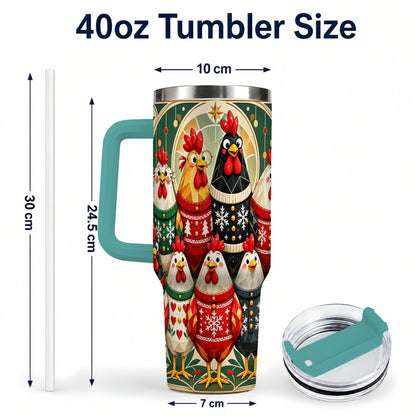 #pl[40oz|Green] Christmas Chickens 40oz Tumbler with Handle, Farmhouse Holiday Cup