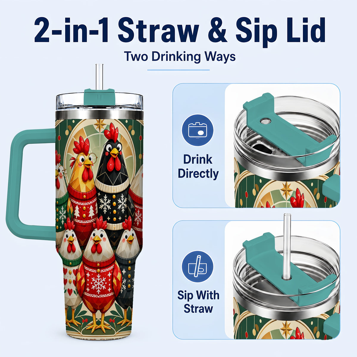 #pl[40oz|Green] Christmas Chickens 40oz Tumbler with Handle, Farmhouse Holiday Cup