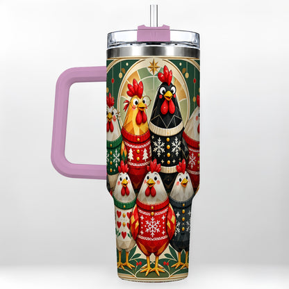 #pl[40oz|Pink] Christmas Chickens 40oz Tumbler with Handle, Farmhouse Holiday Cup