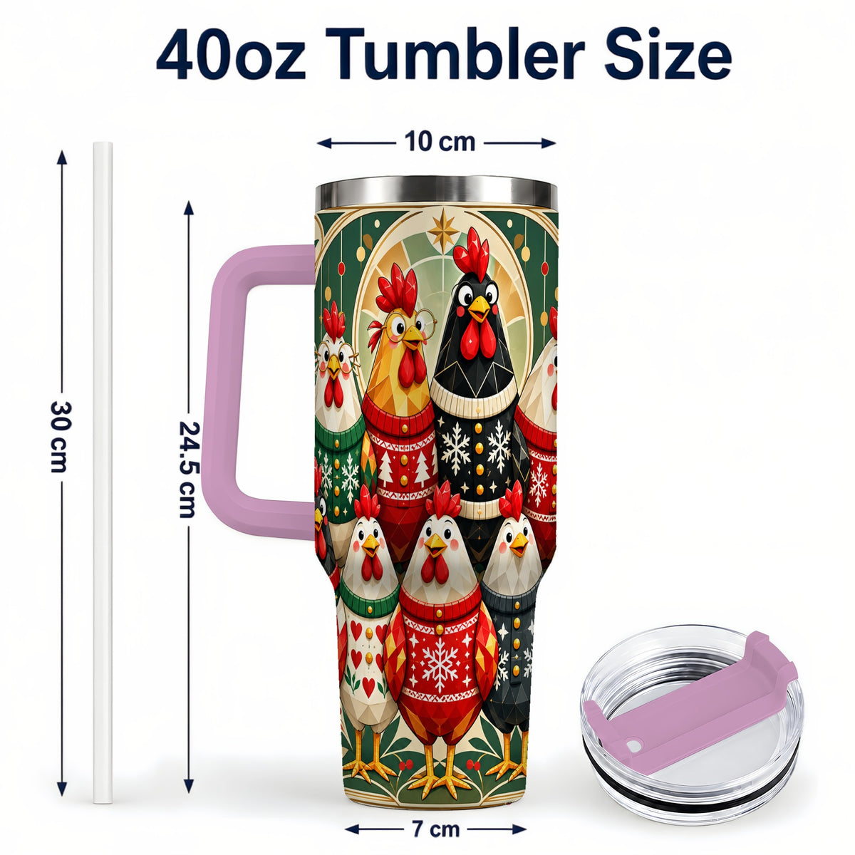 #pl[40oz|Pink] Christmas Chickens 40oz Tumbler with Handle, Farmhouse Holiday Cup