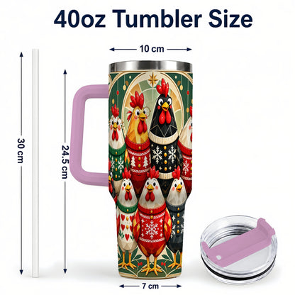 #pl[40oz|Pink] Christmas Chickens 40oz Tumbler with Handle, Farmhouse Holiday Cup