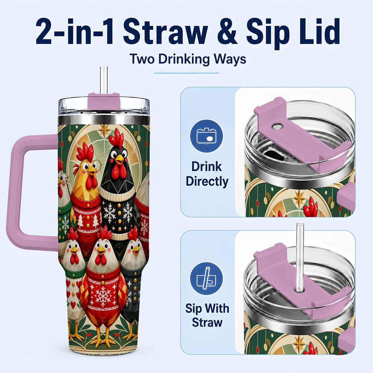 #pl[40oz|Pink] Christmas Chickens 40oz Tumbler with Handle, Farmhouse Holiday Cup